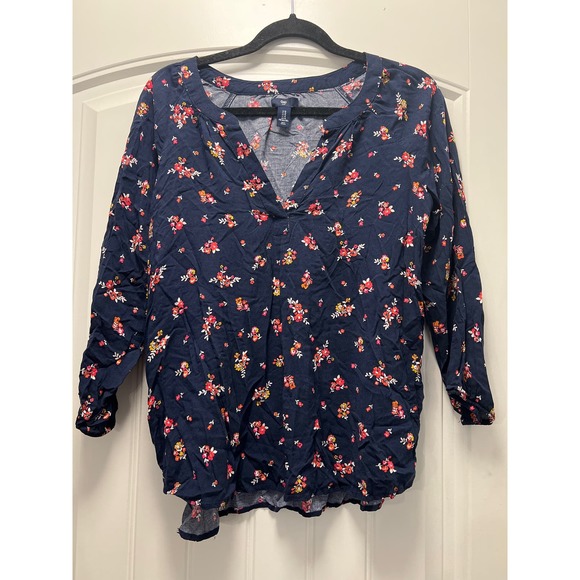 GAP Tops - Gap‎ Women’s V-Neck 3/4 Sleeve Floral Print Boho Summer Pullover Top Size M Blue